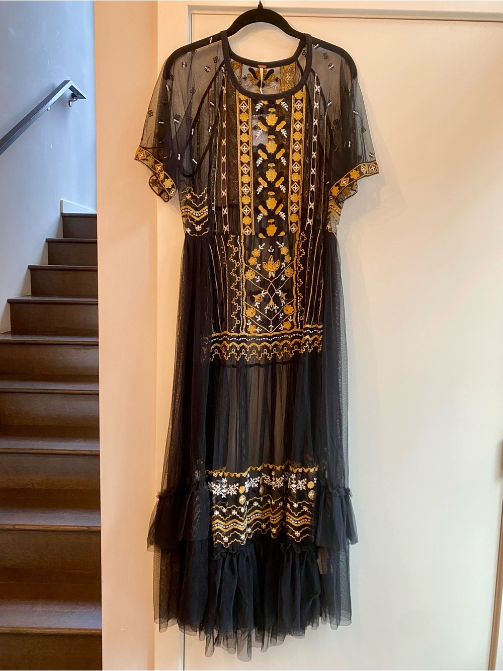 Free People Black Sheer Maxi Dress with Gold Embroidery